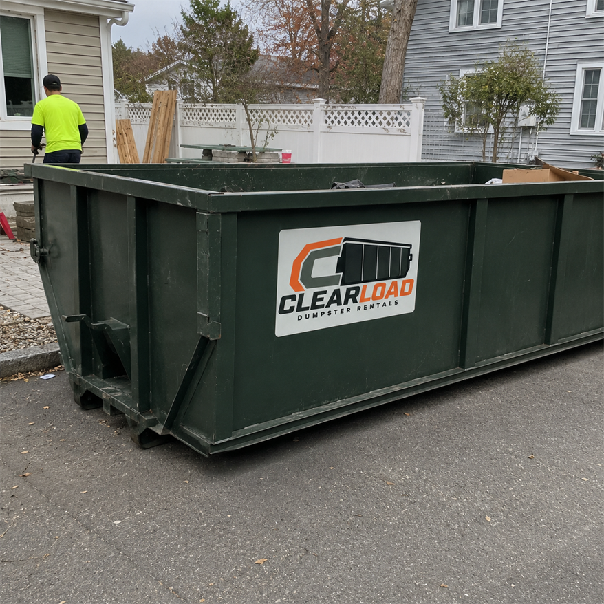Professional dumpster rental team service truck near a clean roll-off dumpster